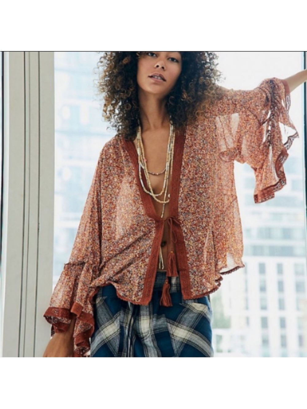 Free People Lola Kimono In Ochre Combo NST Size S